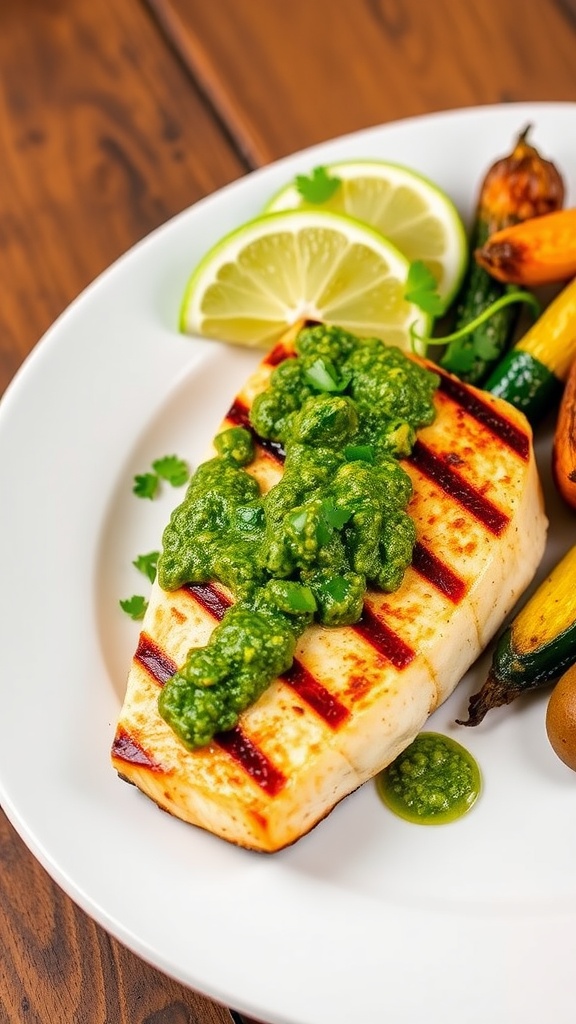 Grilled mahi mahi topped with cilantro pesto, garnished with lime and served with roasted vegetables.